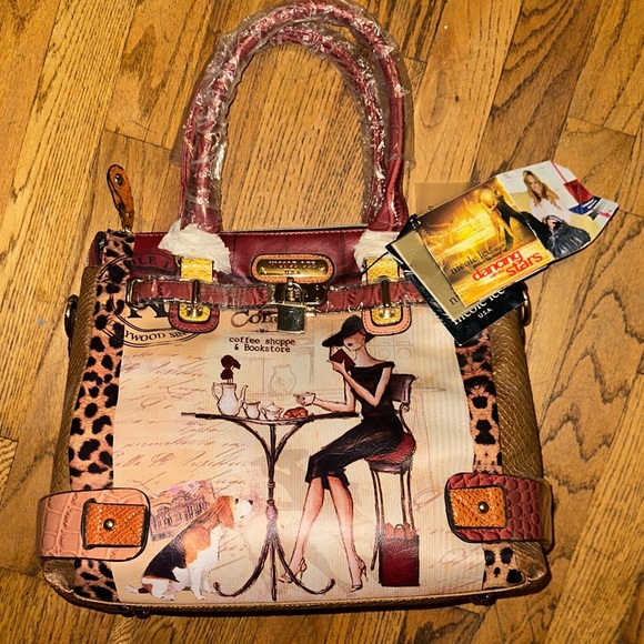 Nicole Lee Handbags - Nicole Lee Chic Illustrated Satchel with Leopard Print hollywood cafe art deco